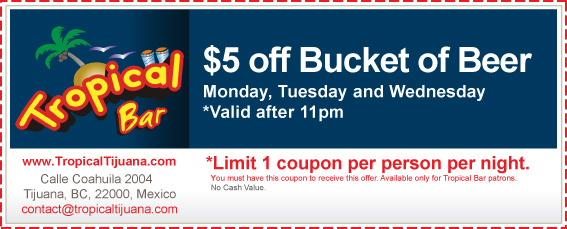 $5 discount on a bucket of beer. Monday, Tuesday and Wednesday. Valid after 11pm.